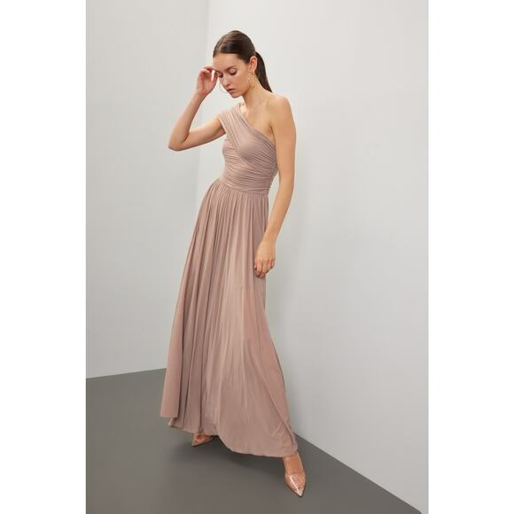 RONNY KOBO Brown Tan One Shoulder Neckline Pleated Bodice Killian Gown Size M - Picture 4 of 15